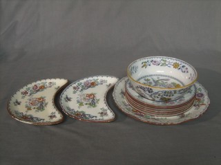 A Masons Ironstone pottery bowl, the base with black Masons mark 8" and an 8 piece Ashworth Bros dinner service with circular soup bowl 10", 6 bowls 7 1/2", 2 crescent shaped salad dishes