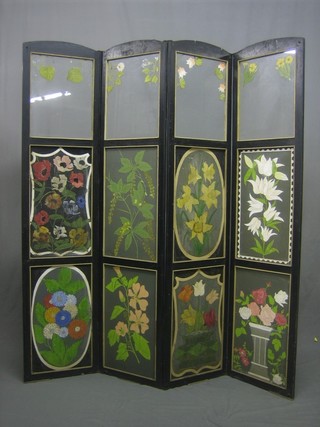 A decorative Art Nouveau painted glass and wooden 4 fold dressing screen
