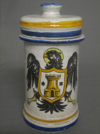 An Arborello style cylindrical drug jar with armorial decoration 9"