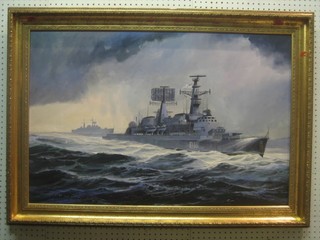 W Whitehand, oil on canvas "HMS Antrim Falklands Conflict" signed and dated 1982 23" x 36"