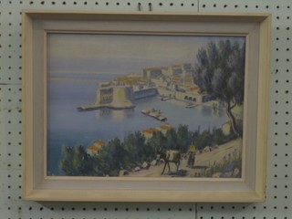 A Continental oil on board "Harbour Scene with Figure" 10" x 13 1/2" 