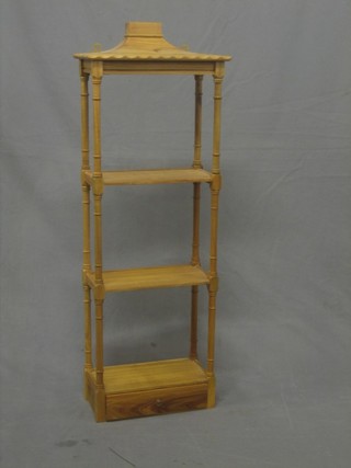 A Chinese Chippendale style bleached mahogany hanging what-not fitted 3 shelves with drawer to base