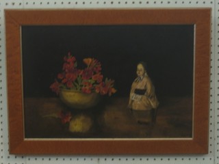 Boyton, oil on board, still life study "Bowl of Flowers with a Seated Oriental Porcelain Figure" contained in a maple frame 12" x 18"