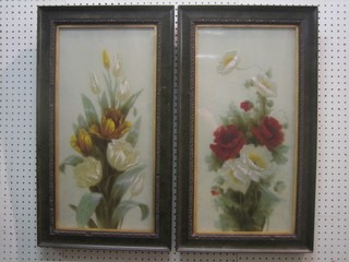 A pair of rectangular porcelain plaques painted flowers 23" x 11" 