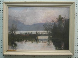 W K Towell, oil on board impressionist scene "Figure by a Lake with Bridge at Dusk" 13" x 18"
