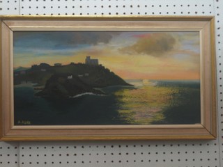 A Kerr, oil on board "Seascape at Dusk with Castle and Buildings" 9" x 19"