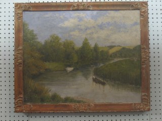 Oil on canvas "River Scene with Boats" 15" x 20" (some paint loss)