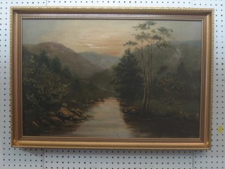 Victorian oil on canvas "Mountain River Scene" 15" x 24" indistinctly signed