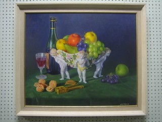 Erik William Gleave, oil on board "The Cupid Fruit Bowl" the reverse with RBA Mall Gallery label 1981 19" x 23"
