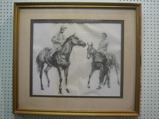 Norman Hoad, pencil drawing "Two Race Horses with Jockeys Up" 15" x 18" the reverse with Reading Fine Art Gallery label