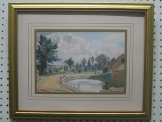 Margaret Niven, oil on card "The Village Pond with Figures" 6" x 9"