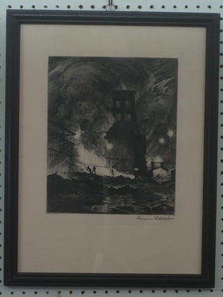 A Herman Katelhohn, an etching "Industrial Scene with Figures by a Quay" 10" x 8"