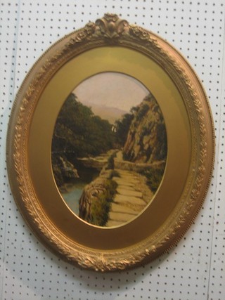 19th Century oil on canvas "River with Rocky Path" 15" oval
