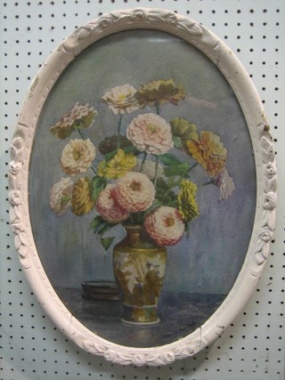 L Heule Marchant, still life watercolour "Satsuma Vase with Chrysanthemums" 9" oval