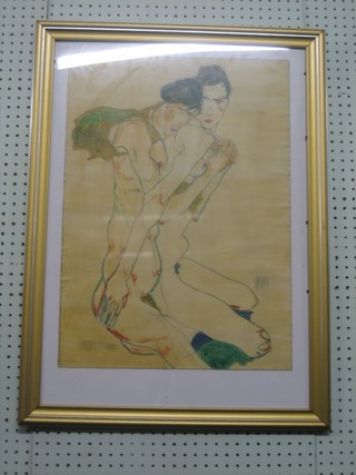 After Previn Oschaft?, watercolour drawing "Seated Naked Couple" signed Egon Schiele and dated 1913 23" x 17"