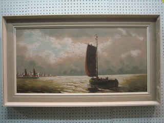 Y Veyt, oil on canvas "Fishing Boat" 15" x 32"