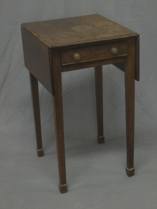 A 19th Century mahogany drop flap occasional table fitted a drawer and raised on square supports ending in spade feet 15"
