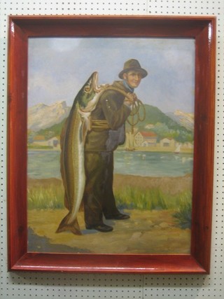 Oil on board "Standing Fisherman with Large Fish" 27" x 21"