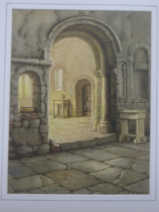 A W Pearce, watercolour "Interior Study of a Building with Norman Arch" 15" x 12" unframed