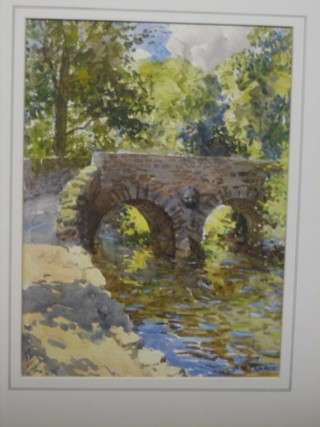 A W Pearce, watercolour "River with Two Arched Stone Bridge" 13" x 10", unframed