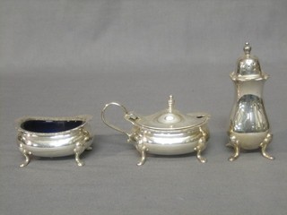 A silver plated 3 piece condiment set comprising mustard, salt and pepper