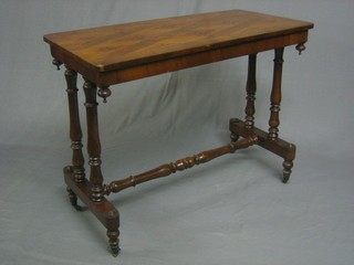 A Victorian rectangular inlaid and crossbanded mahogany stretcher table, raised on turned supports with H framed stretcher 36"