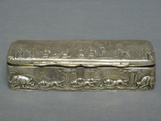 An Edwardian rectangular silver trinket box with embossed hinged lid, decorated country scene with figures and wild boar, (lid crudely repaired and with some holes) Birmingham 1903, 4 ozs