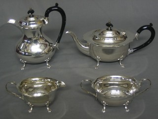 An oval silver plated 3 piece tea service comprising teapot, sugar bowl and cream jug