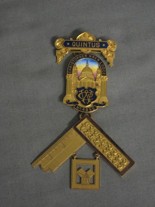 A 9ct gold and enamel Past Master's breast jewel for the Christopher Wren Lodge no. 4855