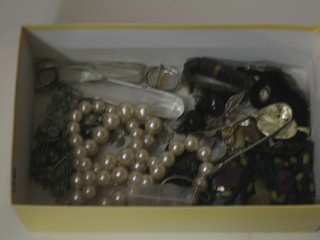 A collection of various costume jewellery and 3 pairs of silver plated sugar tongs