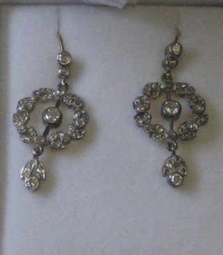 A pair of Victorian style floral drop earring set diamonds, approx 0.67ct