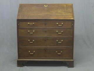 A Georgian mahogany bureau, the fall front revealing a well fitted interior above 4 long graduated drawers, raised on bracket feet 36"