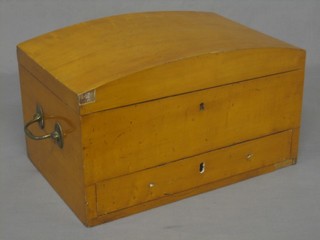 A 19th Century satinwood domed trinket box with hinged lid and brass swan neck drop handles, the base fitted a drawer  15"