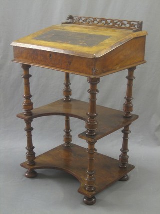 A Victorian walnut Davenport what-not, with pierced three-quarter gallery raised on turned supports 21"
