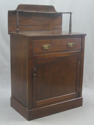 A 19th Century mahogany chiffonier with raised back, the base fitted a drawer above a cupboard, raised on a platform base 29"