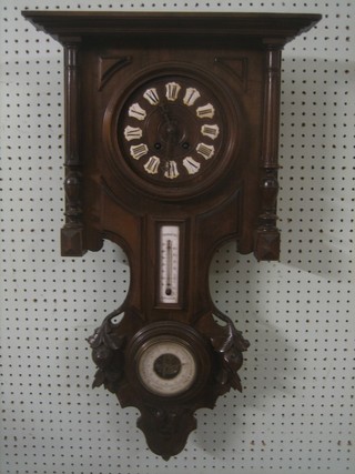 A 19th Century Continental striking wall clock contained in a carved walnut case, the base fitted a thermometer and barometer
