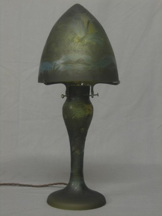 A Galle style table lamp the glass shade decorated dragonflies
