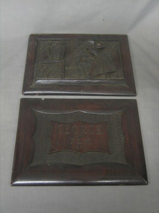 2 Victorian carved oak panels depicting seated Monk encountering a "lady" and 1 other marked George from FLM 1893 7" x 10"