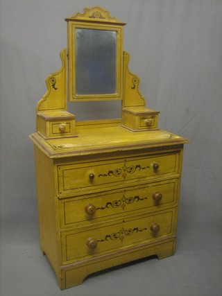 A Victorian painted pine dressing chest with mirror, the base with 2 glove drawers above 3 long drawers, raised on bracket feet 33"