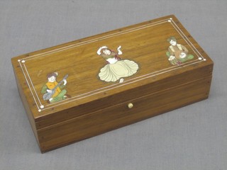 A rectangular Eastern rosewood trinket box inlaid ivory, the hinged lid decorated a dancer 8"