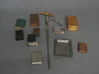 A champagne spicket, a rectangular pewter pin tray marked Cornish pewter, 2 wooden stamp boxes and other small curios