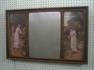 An over mantel mirror flanked by a pair of coloured prints of a girl 24"