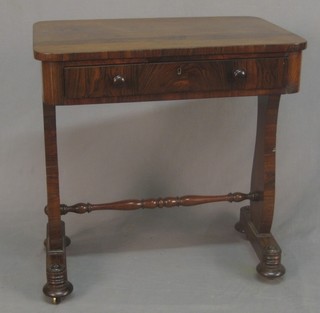 A William IV mahogany D shaped work table, fitted 1 long drawer, raised on panelled supports united by an H framed stretcher 28"