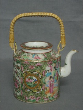 A 19th Century circular Canton Famille rose teapot decorated court figures 4" (spout f and r)
