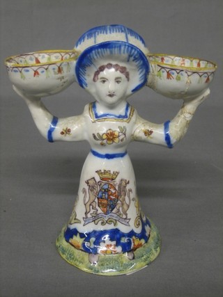 A Quimper standing double sided salt in the form of a standing lady, base marked T651 7" (f and r)