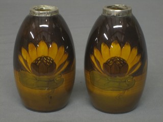 A pair of brown glazed Art Pottery vases with silver rims 5"
