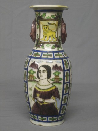 An Oriental style porcelain club shaped vase decorated a lady 12" (f and r)