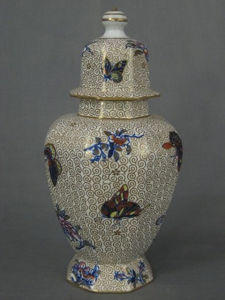 A Masons butterfly pattern urn and cover, the base with black Masons Ironstone mark, (lid chipped) 12"