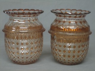 A pair of circular cut glass light shades, (cut and with chip to rim) 7"