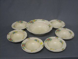 A 7 piece Royal Doulton Minden pattern dessert service comprising serving bowl 9 1/2" and 6 pudding bowls 6 1/2" (1 chipped to rim, some contact marks) marked D5334H